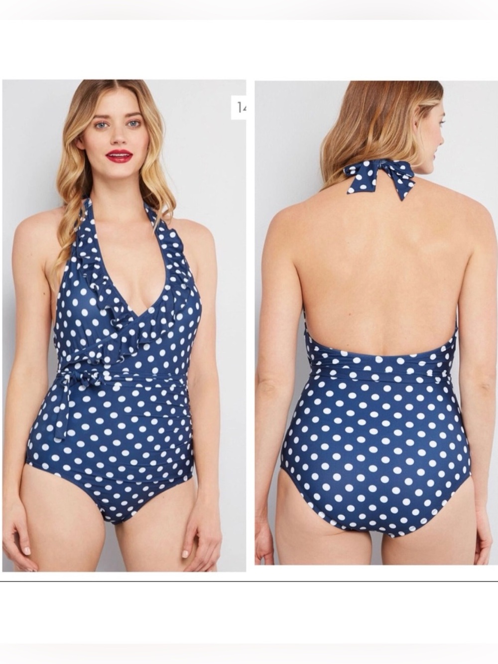 Modcloth Large Reese Polka Dot Ruffle Swimsuit  navy